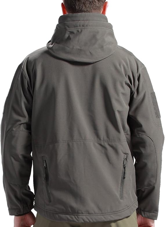 Back view of the grey hooded jacket on a model, showing the hood, seamed back panel, elbow patches and zip pockets. 9