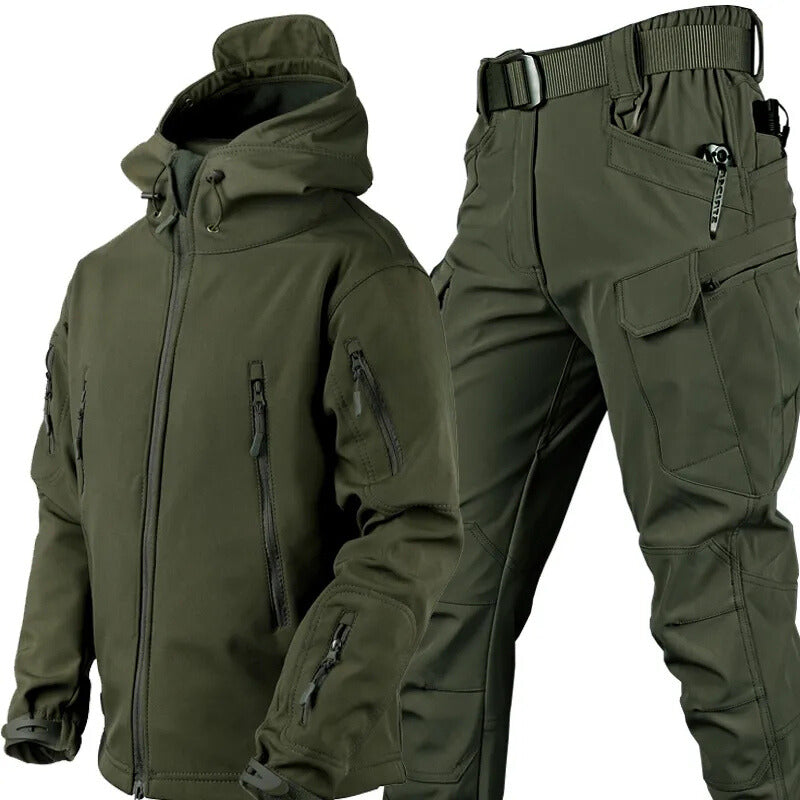 Olive green hooded jacket and cargo trousers with belt displayed together on a white background. 12