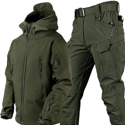 Olive green hooded jacket and cargo trousers with belt displayed together on a white background. 12