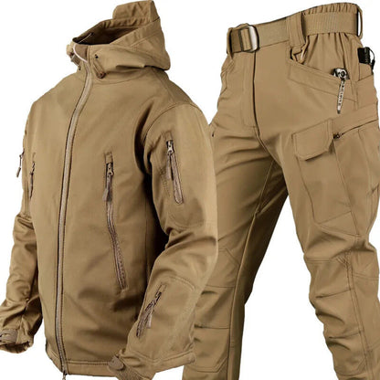 Tan hooded jacket and cargo trousers with belt displayed together on a white background. 15