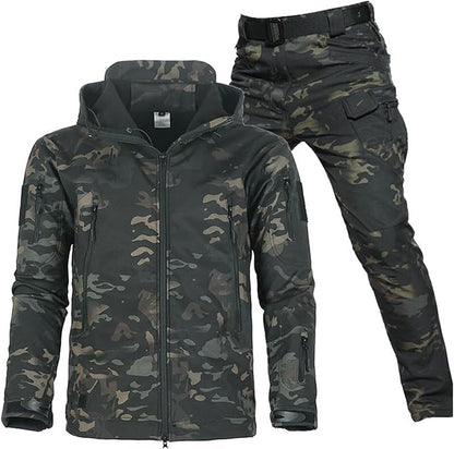 Dark camouflage hooded jacket and cargo trousers with black belt displayed together on a white background. 18