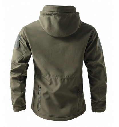 Olive green jacket laid out from behind, showing the hood, sleeve patch panels, back seam and lower zip pockets. 6