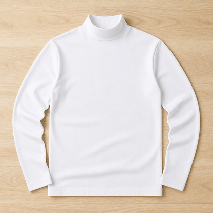 White long sleeve top with a high neck collar laid flat on a light wooden floor. 8