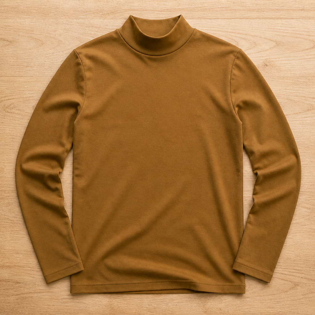 Tan-brown long sleeve top with a high neck collar laid flat on a wooden surface. 9