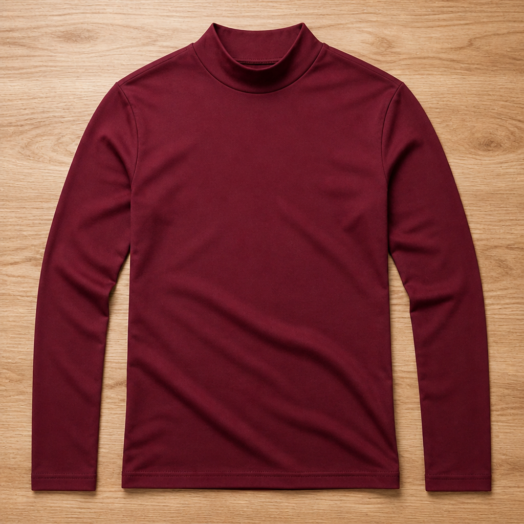 Burgundy long sleeve top with a high neck collar laid flat on a wooden surface. 11
