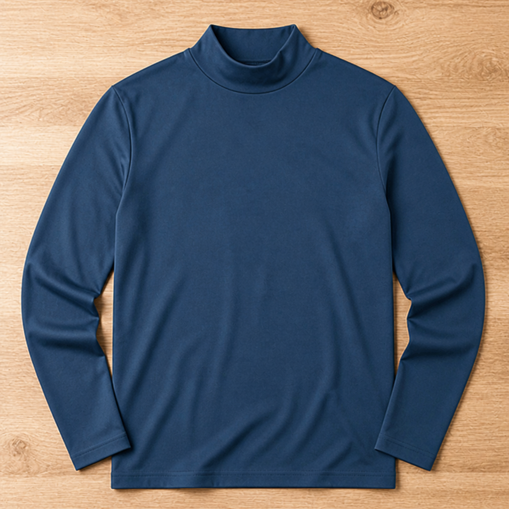 Navy blue long sleeve top with a high neck collar laid flat on a wooden surface. 12