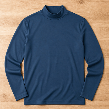 Navy blue long sleeve top with a high neck collar laid flat on a wooden surface. 12