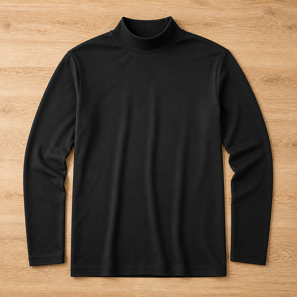 Black long sleeve top with a high neck collar laid flat on a wooden floor, front view. 10