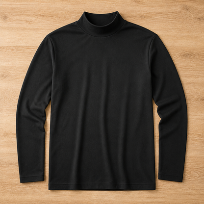 Black long sleeve top with a high neck collar laid flat on a wooden floor, front view. 10